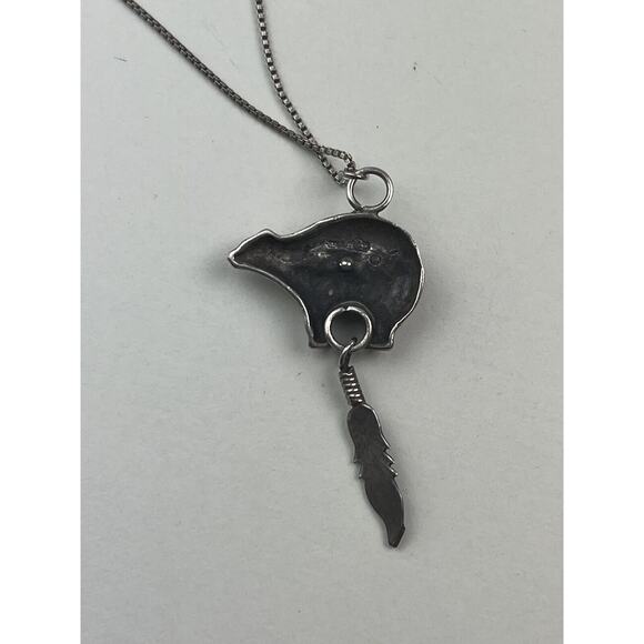 Sterling Silver Box Chain 18" Necklace Southwest Style Bear Feather Pendant - Picture 4 of 11